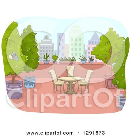 Clipart of a Table and Chairs on a Roof Top Patio with Plants - Royalty Free Vector Illustration by BNP Design Studio