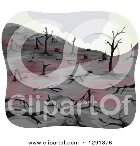 Clipart of a Devastated Hillside of Dead Trees After a Forest Fire - Royalty Free Vector Illustration by BNP Design Studio