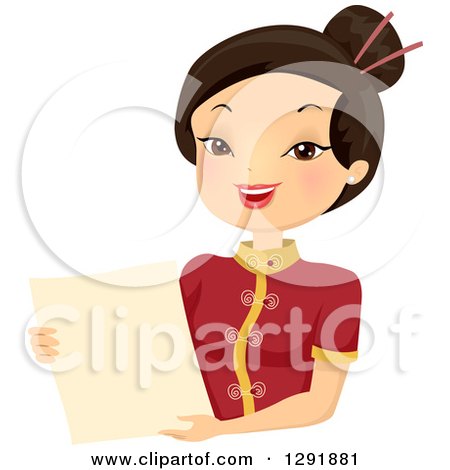 Clipart of a Friendly Asian Waitress Holding a Chinese Restaurant Menu - Royalty Free Vector Illustration by BNP Design Studio