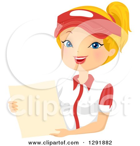 Clipart of a Friendly Blond Caucasian Fast Food Waitress Holding a Menu - Royalty Free Vector Illustration by BNP Design Studio