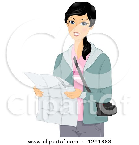 Clipart of a Happy Black Haired Woman Holding a Tourist Map - Royalty Free Vector Illustration by BNP Design Studio