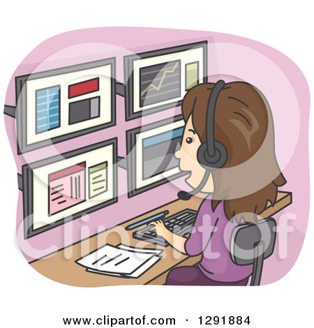 Clipart of a Cartoon Brunette White Stock Market Employee Using Multiple Computer Monitors - Royalty Free Vector Illustration by BNP Design Studio