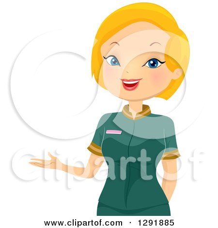 Clipart of a Friendly Blond Caucasian Female Waitress Presenting - Royalty Free Vector Illustration by BNP Design Studio