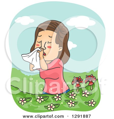Clipart of a Cartoon Brunette Caucasian Woman Suffering from Allergies in a Flower Field - Royalty Free Vector Illustration by BNP Design Studio