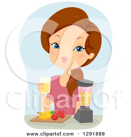 Clipart of a Brunette Caucasian Woman Making Fruit Smoothies - Royalty Free Vector Illustration by BNP Design Studio