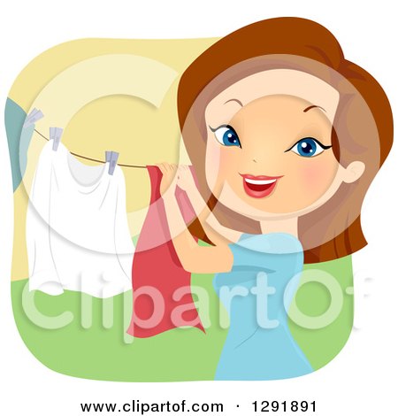 Clipart of a Brunette Caucasian Woman Hanging Laundry on a Clothesline - Royalty Free Vector Illustration by BNP Design Studio