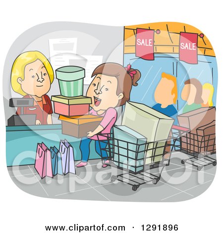 Clipart of a Cartoon Brunette Caucasian Woman on a Shopping Spree - Royalty Free Vector Illustration by BNP Design Studio