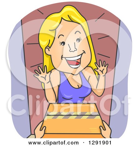 Clipart of a Cartoon Excited Blond Caucasian Woman Receiving a Package - Royalty Free Vector Illustration by BNP Design Studio