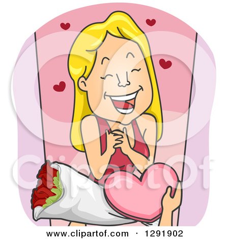 Clipart of a Cartoon Blond Caucasian Woman Receiving a Valentine Box of Chocolates and Roses - Royalty Free Vector Illustration by BNP Design Studio
