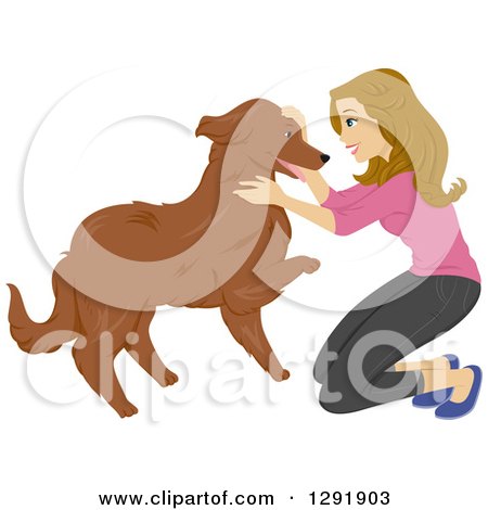 Clipart of a Dirty Blond Caucasian Woman Kneeling and Petting Her Dog - Royalty Free Vector Illustration by BNP Design Studio