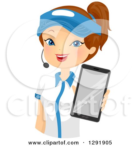 Clipart of a Brunette Caucasian Female Fast Food Restaurant Worker Holding out a Tablet Computer - Royalty Free Vector Illustration by BNP Design Studio