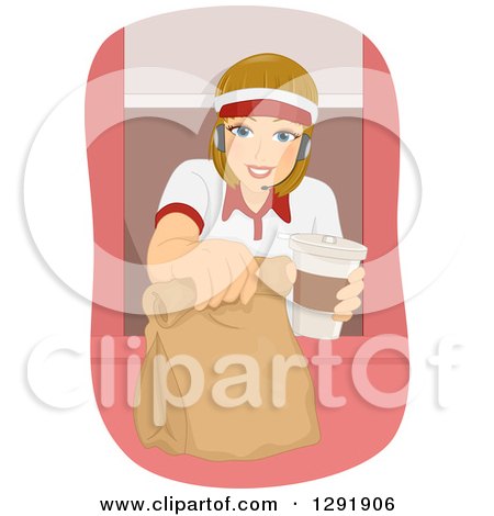 Clipart of a Blond Caucasian Female Fast Food Restaurant Worker Holding out a Take out Bag Through a Drive Through Window - Royalty Free Vector Illustration by BNP Design Studio