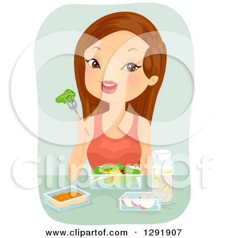 Clipart of a Brunette Caucasian Woman Holding a Piece of Lettuce on a Fork over a Salad - Royalty Free Vector Illustration by BNP Design Studio