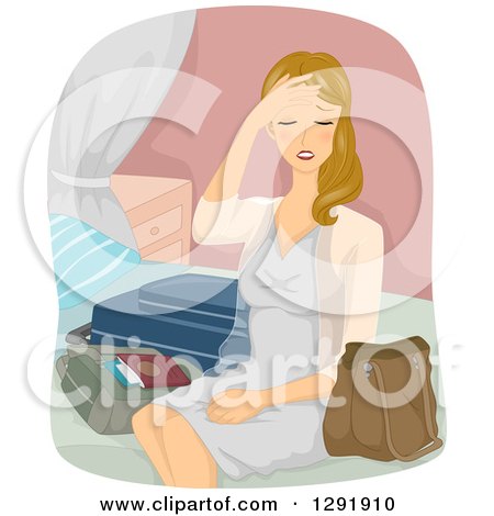 Clipart of a Dirty Blond Caucasian Woman with Jet Lag, Sitting on a Bed with Luggage - Royalty Free Vector Illustration by BNP Design Studio