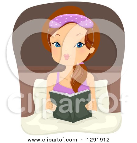 Clipart of a Brunette Caucasian Woman Reading a Book Bedfore Bed Time - Royalty Free Vector Illustration by BNP Design Studio