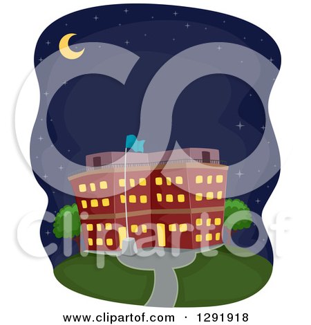 Clipart of a Crescent Moon and Night Sky over a School Building - Royalty Free Vector Illustration by BNP Design Studio