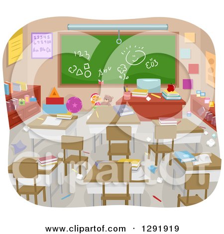 Clipart of a Cluttered Messy Empty Classroom - Royalty Free Vector Illustration by BNP Design Studio
