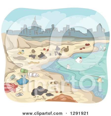 Clipart of a Coastline Polluted with Garbage near a City - Royalty Free Vector Illustration by BNP Design Studio