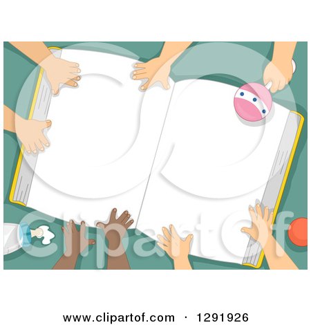 Clipart of a White and Black Baby Hands Around an Open Book on Green - Royalty Free Vector Illustration by BNP Design Studio