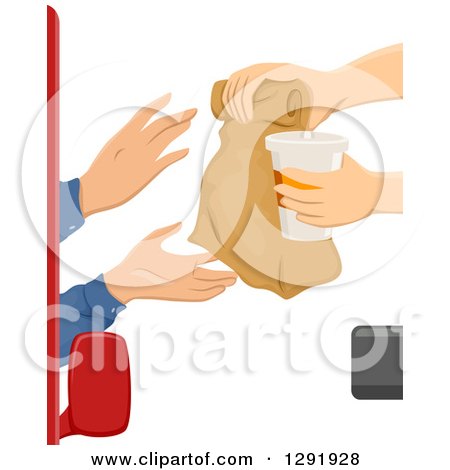 Clipart of a Pair of Hands Reaching from a Car to Grab a Take out Bag from a Drive Through Restaurant - Royalty Free Vector Illustration by BNP Design Studio