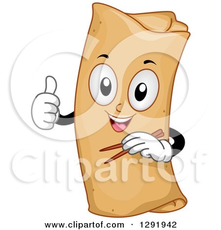 Clipart of a Cartoon Happy Spring Roll Character Holding Chopsticks and a Thumb up - Royalty Free Vector Illustration by BNP Design Studio
