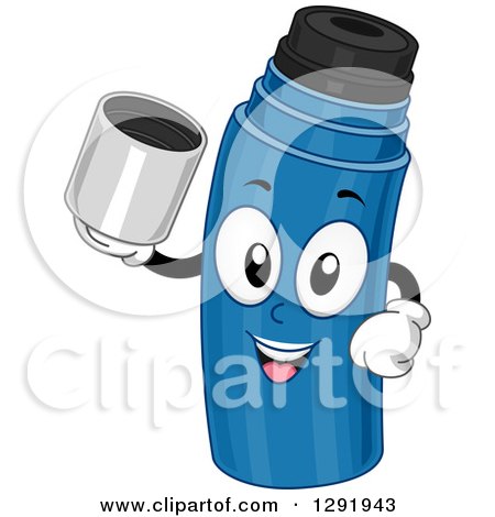 Clipart of a Cartoon Happy Blue Thermos Character Holding Its Top - Royalty Free Vector Illustration by BNP Design Studio
