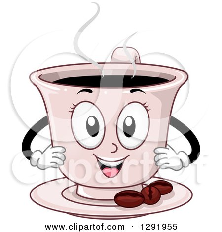 Clipart of a Cartoon Happy Pink Hot Coffee Character on a Saucer with Beans - Royalty Free Vector Illustration by BNP Design Studio