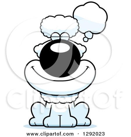 Clipart of a Cartoon Dreaming or Thinking Happy White Poodle Dog Sitting - Royalty Free Vector Illustration by Cory Thoman