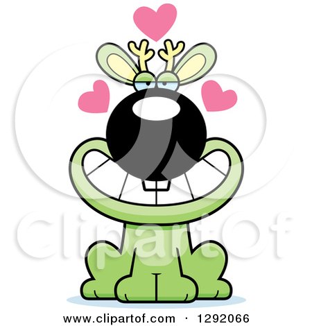 Clipart of a Cartoon Loving Green Jackalope Sitting with Hearts - Royalty Free Vector Illustration by Cory Thoman