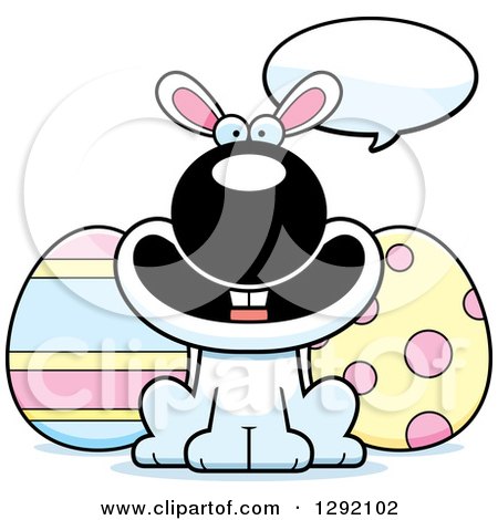 Clipart of a Cartoon Happy Talking White Easter Bunny with Eggs - Royalty Free Vector Illustration by Cory Thoman