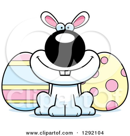 Clipart of a Cartoon Happy White Easter Bunny with Eggs - Royalty Free Vector Illustration by Cory Thoman