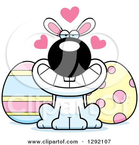 Clipart of a Cartoon Loving White Easter Bunny with Eggs and Love Hearts - Royalty Free Vector Illustration by Cory Thoman