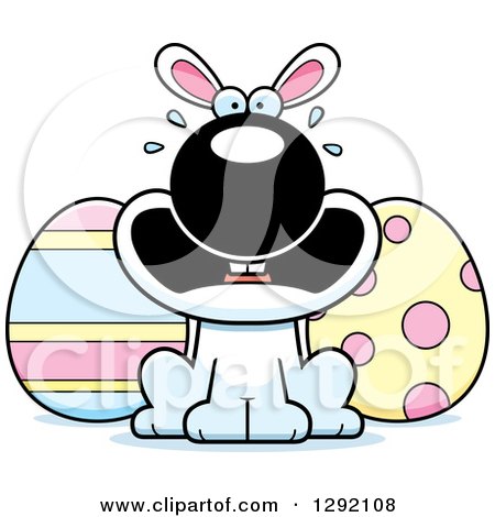 Clipart of a Cartoon Scared Screaming White Easter Bunny with Eggs - Royalty Free Vector Illustration by Cory Thoman
