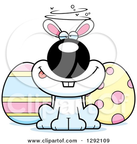 Clipart of a Cartoon Drunk or Dizzy White Easter Bunny with Eggs - Royalty Free Vector Illustration by Cory Thoman