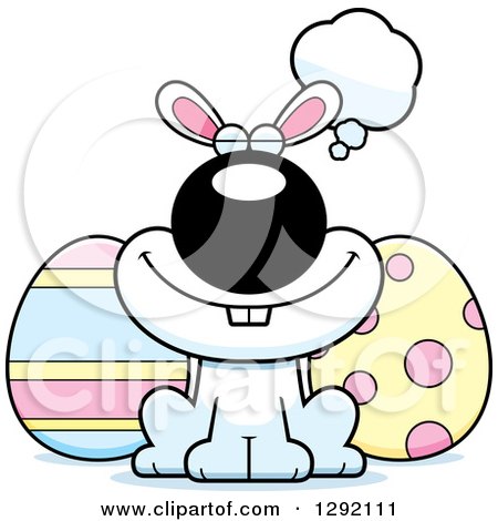 Clipart of a Cartoon Dreaming or Thinking Happy White Easter Bunny with Eggs - Royalty Free Vector Illustration by Cory Thoman