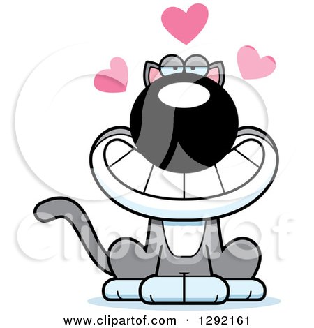 Clipart of a Cartoon Romantic Gray and White Cat with Love Hearts - Royalty Free Vector Illustration by Cory Thoman