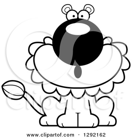 Lineart Clipart of a Black and White Cartoon Surprised Gasping Male Lion Sitting - Royalty Free Animal Vector Illustration by Cory Thoman