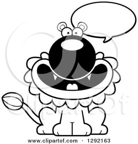 Lineart Clipart of a Black and White Cartoon Happy Talking Male Lion Sitting - Royalty Free Animal Vector Illustration by Cory Thoman