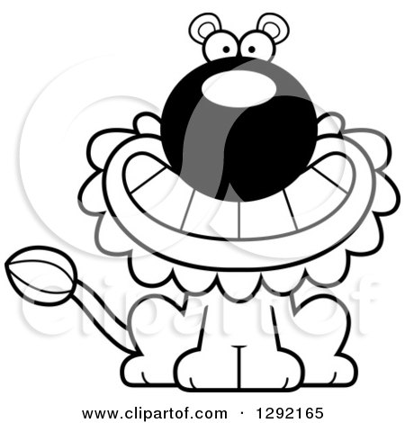 Lineart Clipart of a Black and White Cartoon Happy Grinning Male Lion Sitting - Royalty Free Animal Vector Illustration by Cory Thoman