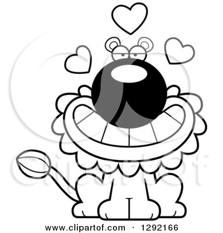 Lineart Clipart of a Black and White Cartoon Loving Male Lion Sitting with Hearts - Royalty Free Animal Vector Illustration by Cory Thoman