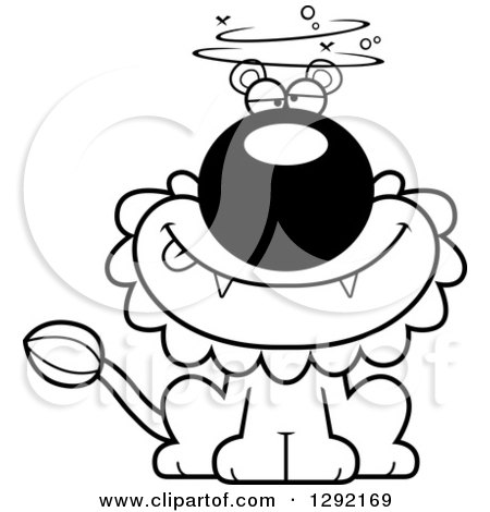 Lineart Clipart of a Black and White Cartoon Dizzy or Drunk Male Lion Sitting - Royalty Free Animal Vector Illustration by Cory Thoman