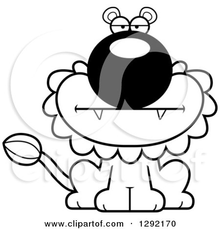 Lineart Clipart of a Black and White Cartoon Bored Male Lion Sitting - Royalty Free Animal Vector Illustration by Cory Thoman