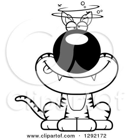 Lineart Clipart of a Black and White Cartoon Drunk or Dizzy Sitting Tasmanian Tiger - Royalty Free Wild Animal Vector Illustration by Cory Thoman