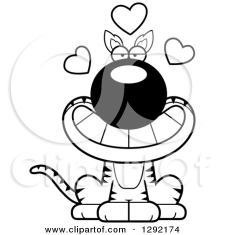 Lineart Clipart of a Black and White Cartoon Loving Sitting Tasmanian Tiger with Hearts - Royalty Free Wild Animal Vector Illustration by Cory Thoman