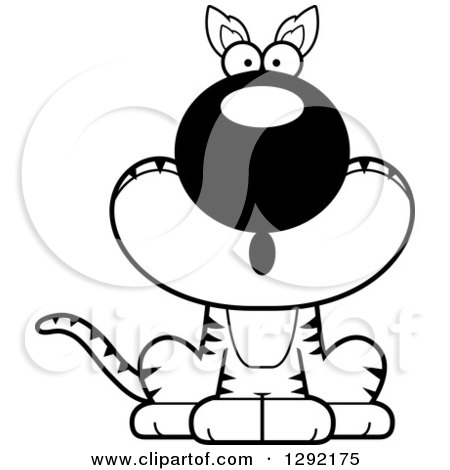 Lineart Clipart of a Black and White Cartoon Surprised Gasping Sitting Tasmanian Tiger - Royalty Free Wild Animal Vector Illustration by Cory Thoman