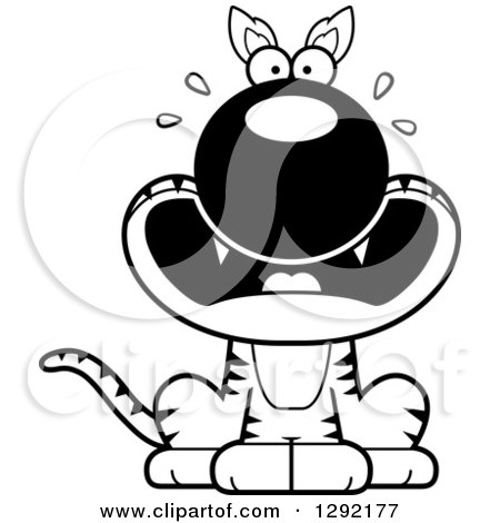 Lineart Clipart of a Black and White Cartoon Scared Screaming Sitting Tasmanian Tiger - Royalty Free Wild Animal Vector Illustration by Cory Thoman