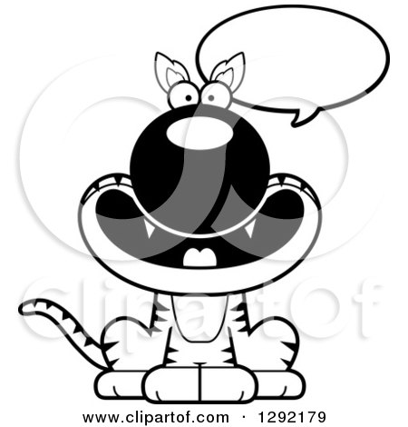Lineart Clipart of a Black and White Cartoon Happy Talking Sitting Tasmanian Tiger - Royalty Free Wild Animal Vector Illustration by Cory Thoman