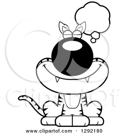 Lineart Clipart of a Black and White Cartoon Happy Dreaming or Thinking Sitting Tasmanian Tiger - Royalty Free Wild Animal Vector Illustration by Cory Thoman