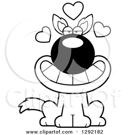 Lineart Clipart of a Black and White Cartoon Loving Sitting Wolf with Hearts - Royalty Free Wild Animal Vector Illustration by Cory Thoman