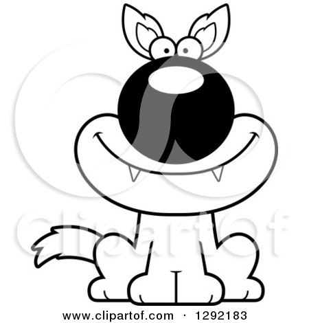 Lineart Clipart of a Black and White Cartoon Happy Sitting Wolf - Royalty Free Wild Animal Vector Illustration by Cory Thoman